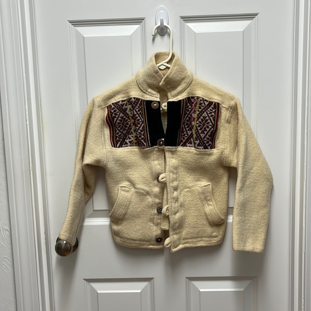 Artisanal Cream‎ Wool Blend Embroidered Geometric Funnel Neck Button Jacket